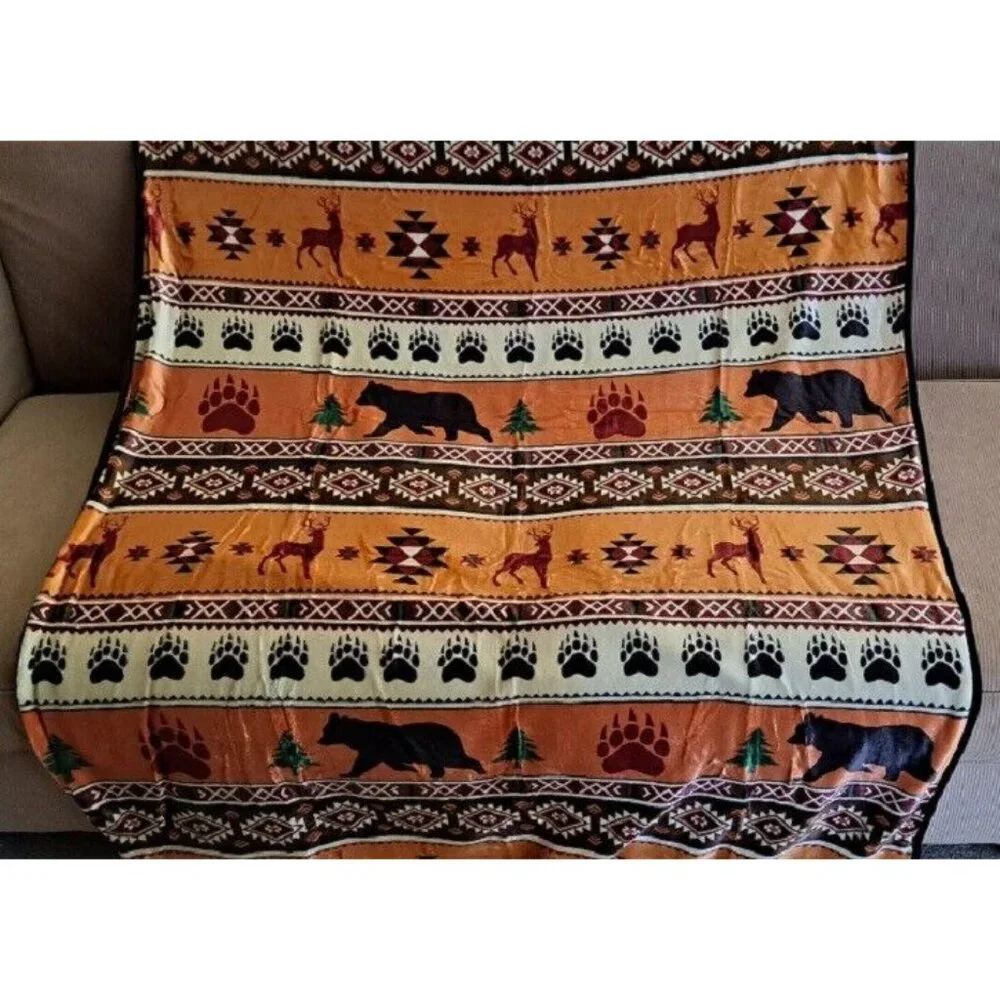 New Rust Orange Lodge Plush Fleece Throw Gift Blanket Sherpa Bear Paw Deer Cabin